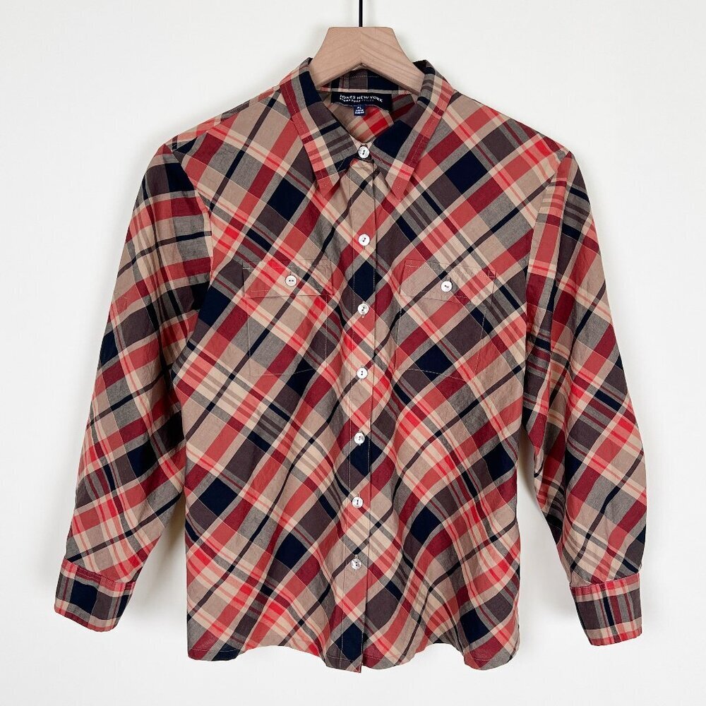 Vintage 90s Y2K Plaid Print Button Down Shirt Top Blouse Fall Christmas Preppy - Picture 1 of 7